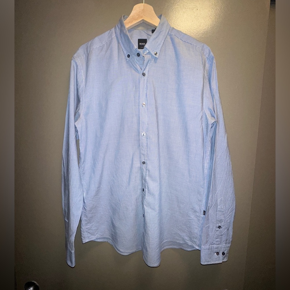Hugo Boss blue and white striped button up